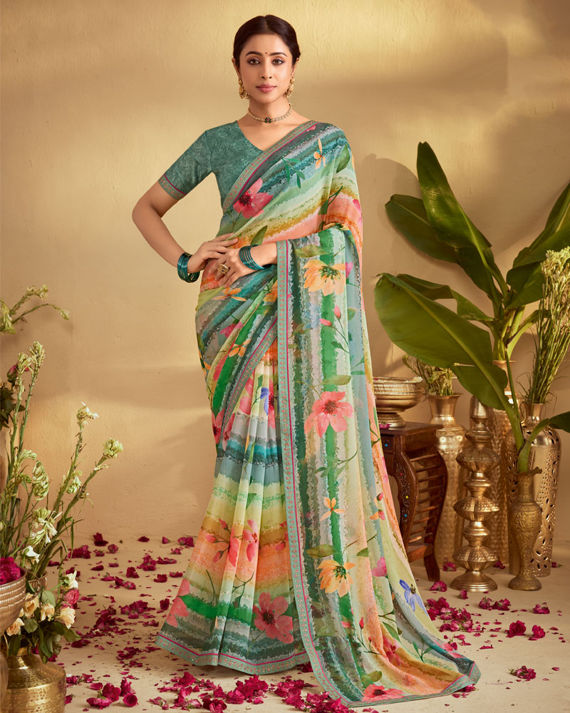 Vishal Prints Multi Green Digital Print Georgette Saree With Fancy Embroidery Border