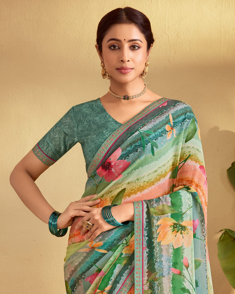 Vishal Prints Multi Green Digital Print Georgette Saree With Fancy Embroidery Border