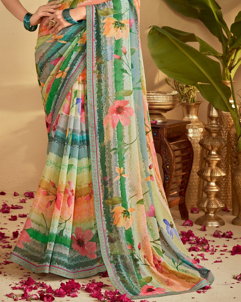 Vishal Prints Multi Green Digital Print Georgette Saree With Fancy Embroidery Border