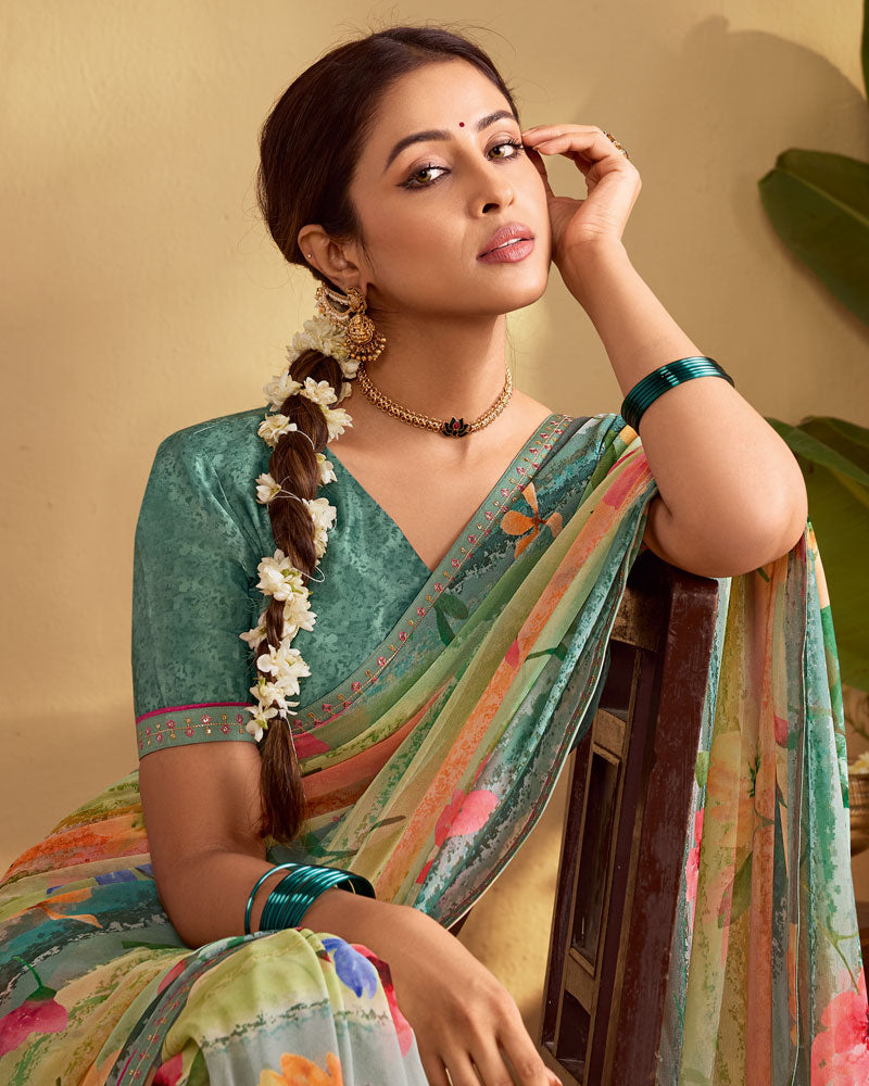 Vishal Prints Multi Green Digital Print Georgette Saree With Fancy Embroidery Border