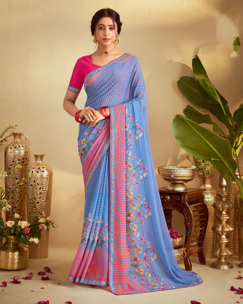 Vishal Prints Light Pastel Grey Blue Digital Print Georgette Saree With Fancy Embroidery Border