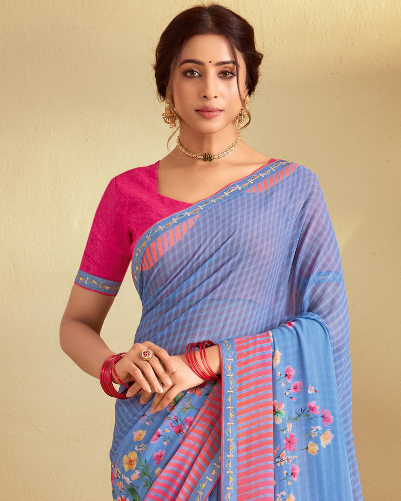 Vishal Prints Light Pastel Grey Blue Digital Print Georgette Saree With Fancy Embroidery Border