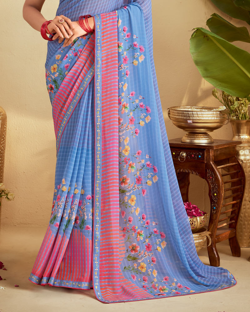 Vishal Prints Light Pastel Grey Blue Digital Print Georgette Saree With Fancy Embroidery Border