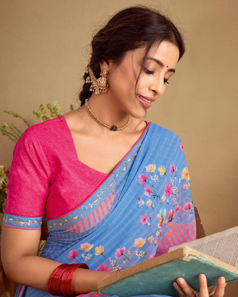 Vishal Prints Light Pastel Grey Blue Digital Print Georgette Saree With Fancy Embroidery Border