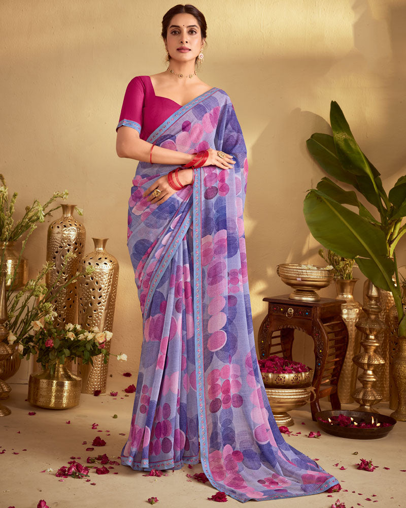 Vishal Prints Purple Lavender Digital Print Georgette Saree With Fancy Embroidery Border