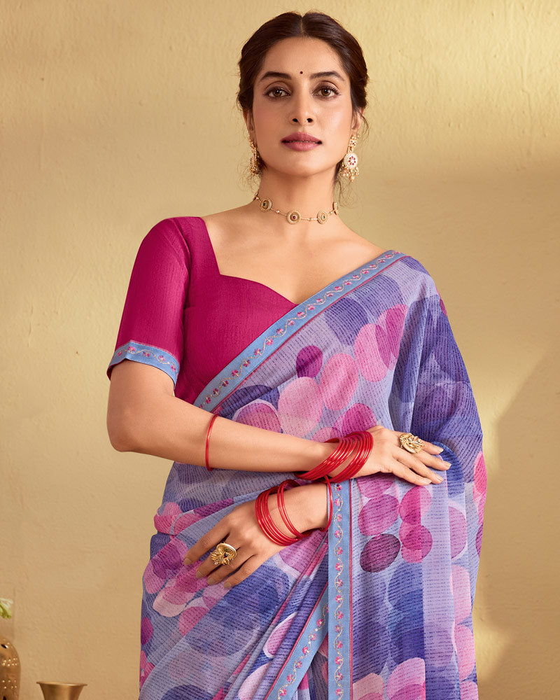 Vishal Prints Purple Lavender Digital Print Georgette Saree With Fancy Embroidery Border