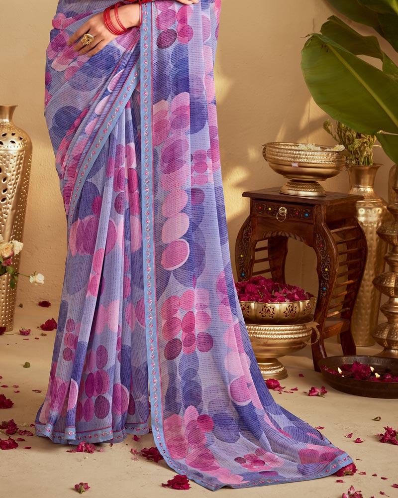 Vishal Prints Purple Lavender Digital Print Georgette Saree With Fancy Embroidery Border