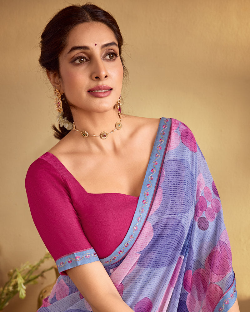 Vishal Prints Purple Lavender Digital Print Georgette Saree With Fancy Embroidery Border