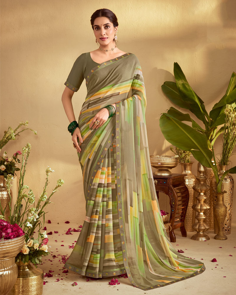 Vishal Prints Pastel Brown Digital Print Georgette Saree With Fancy Embroidery Border