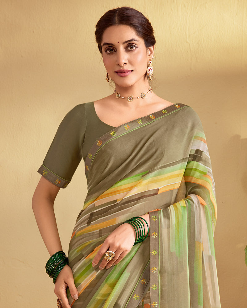 Vishal Prints Pastel Brown Digital Print Georgette Saree With Fancy Embroidery Border