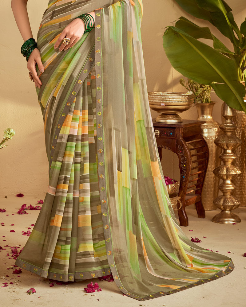 Vishal Prints Pastel Brown Digital Print Georgette Saree With Fancy Embroidery Border