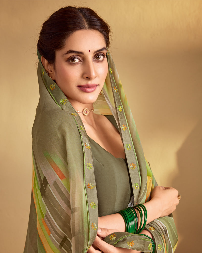 Vishal Prints Pastel Brown Digital Print Georgette Saree With Fancy Embroidery Border