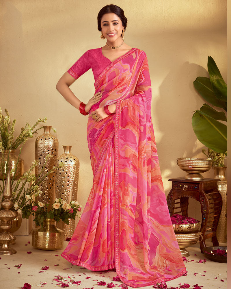Vishal Prints Multi Pink Digital Print Georgette Saree With Fancy Embroidery Border