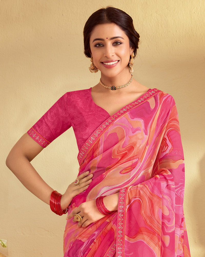Vishal Prints Multi Pink Digital Print Georgette Saree With Fancy Embroidery Border