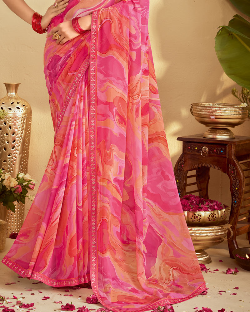 Vishal Prints Multi Pink Digital Print Georgette Saree With Fancy Embroidery Border
