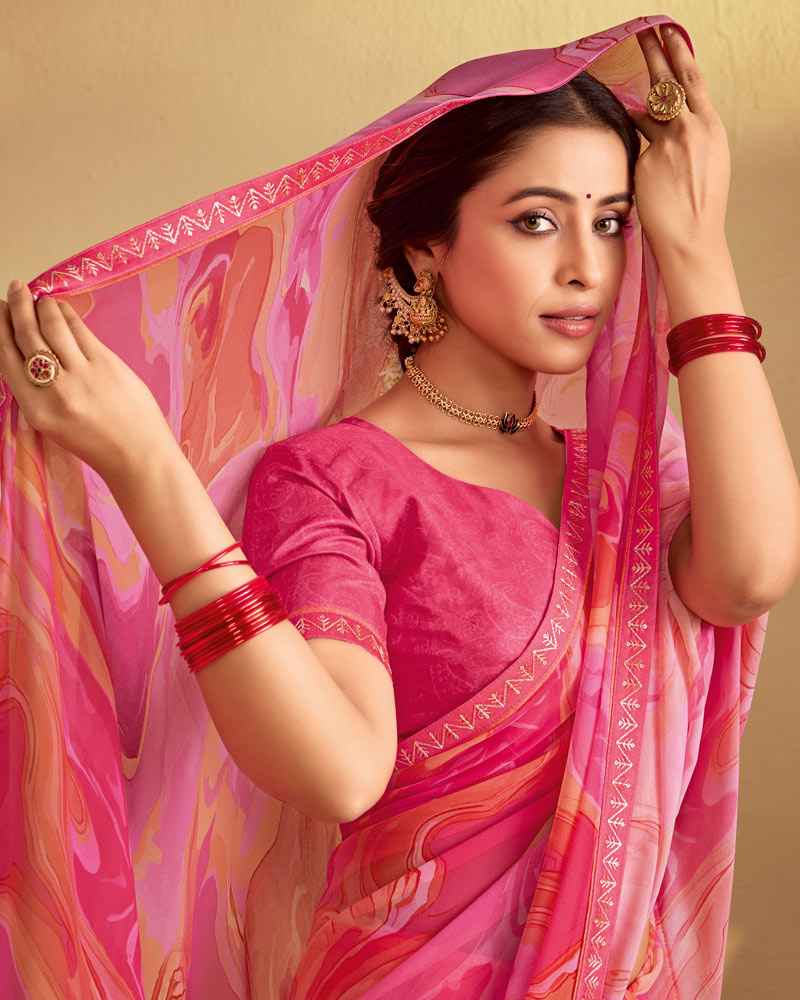 Vishal Prints Multi Pink Digital Print Georgette Saree With Fancy Embroidery Border