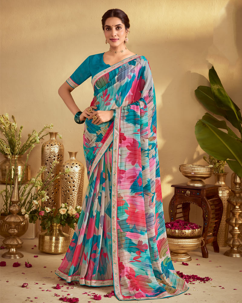 Vishal Prints Multicolor Digital Print Georgette Saree With Fancy Embroidery Border