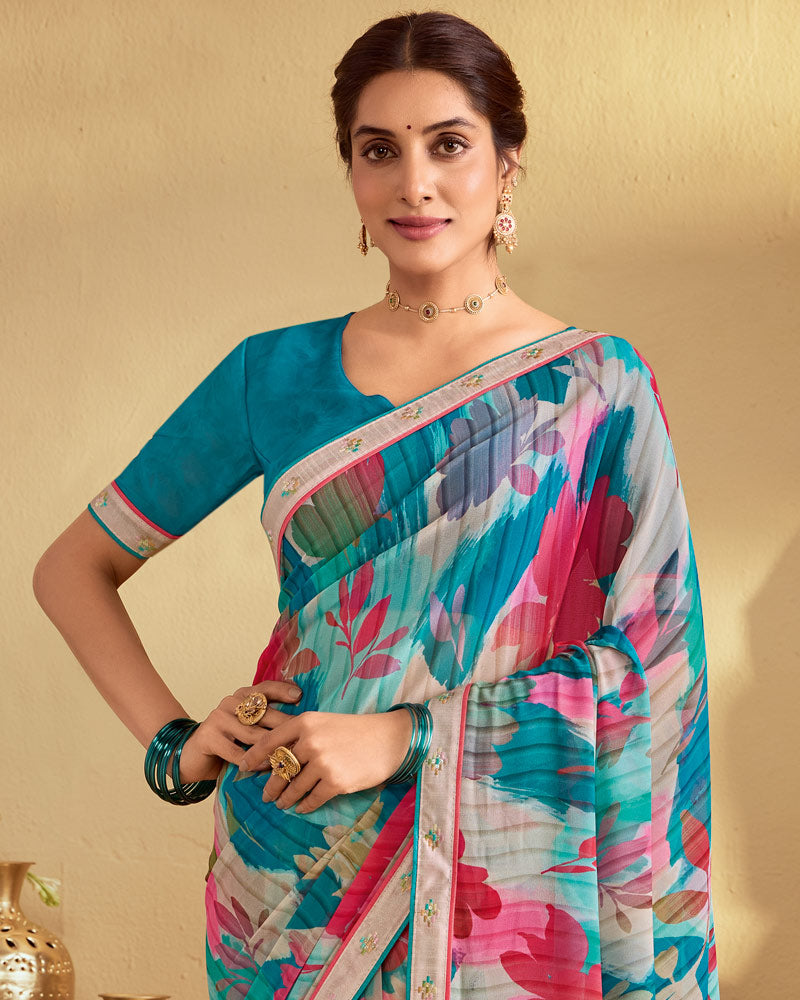 Vishal Prints Multicolor Digital Print Georgette Saree With Fancy Embroidery Border