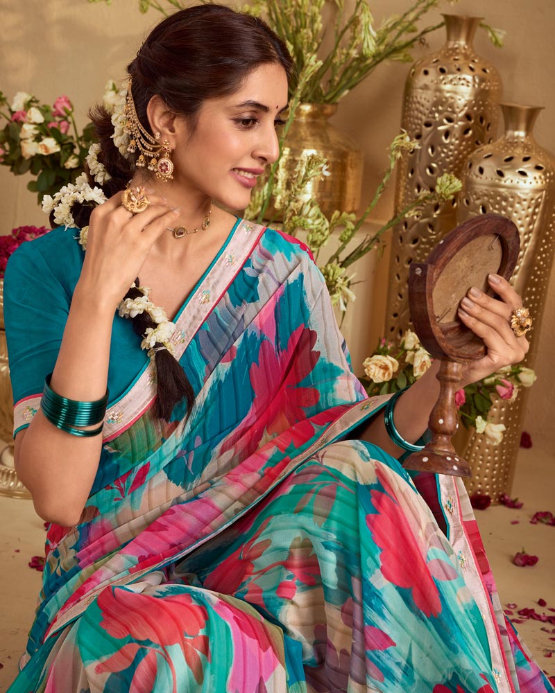 Vishal Prints Multicolor Digital Print Georgette Saree With Fancy Embroidery Border
