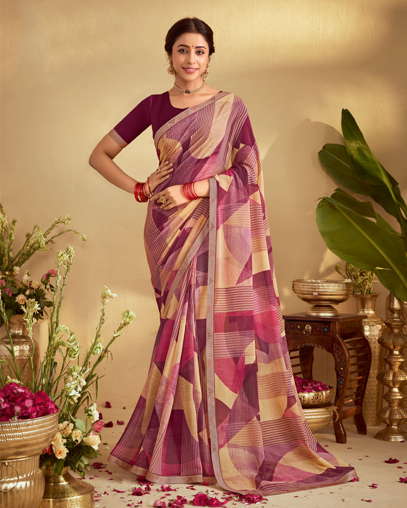 Vishal Prints Oriental Pink Digital Print Georgette Saree With Fancy Embroidery Border