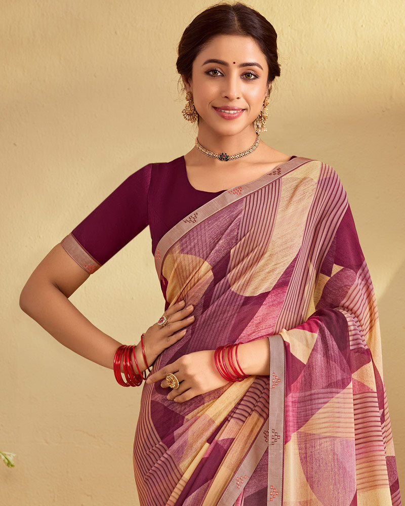 Vishal Prints Oriental Pink Digital Print Georgette Saree With Fancy Embroidery Border