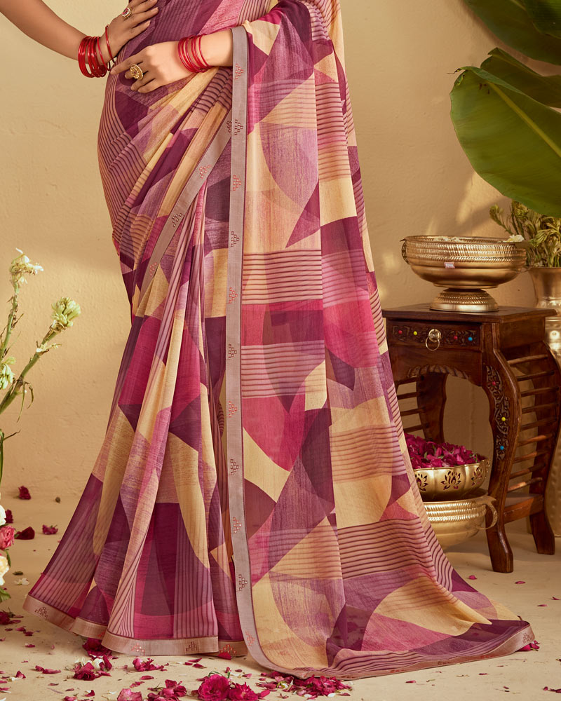 Vishal Prints Oriental Pink Digital Print Georgette Saree With Fancy Embroidery Border