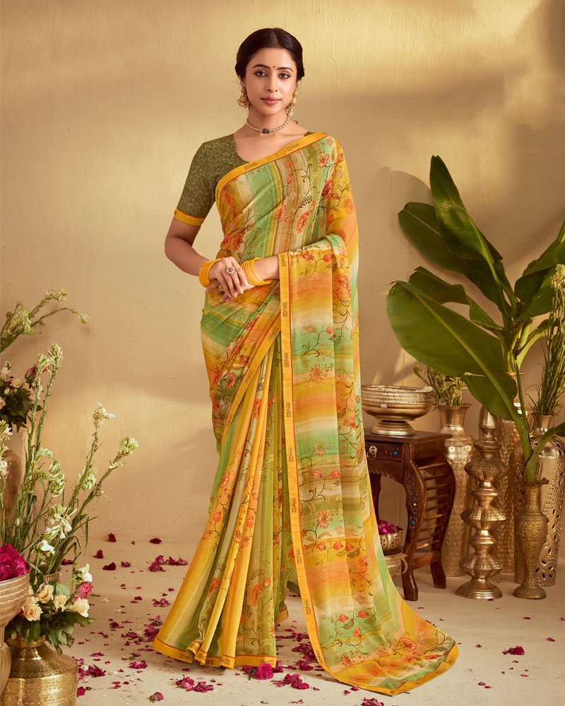 Vishal Prints Olivine Green And Ochre Digital Print Georgette Saree With Fancy Embroidery Border