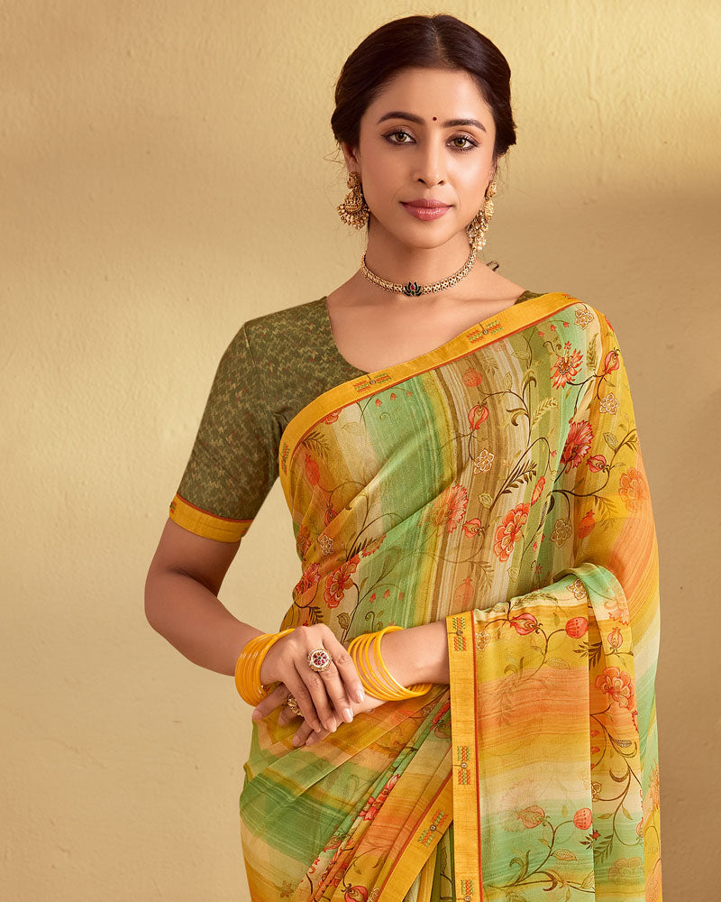 Vishal Prints Olivine Green And Ochre Digital Print Georgette Saree With Fancy Embroidery Border