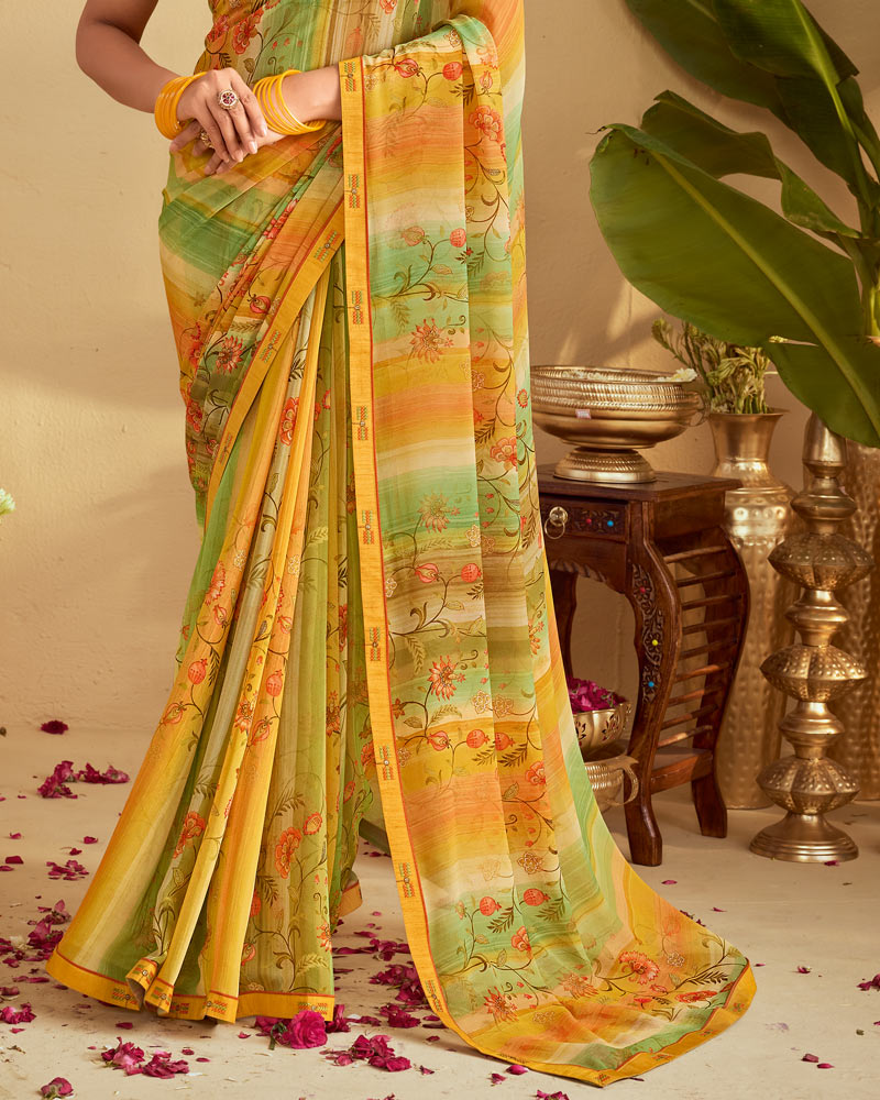 Vishal Prints Olivine Green And Ochre Digital Print Georgette Saree With Fancy Embroidery Border