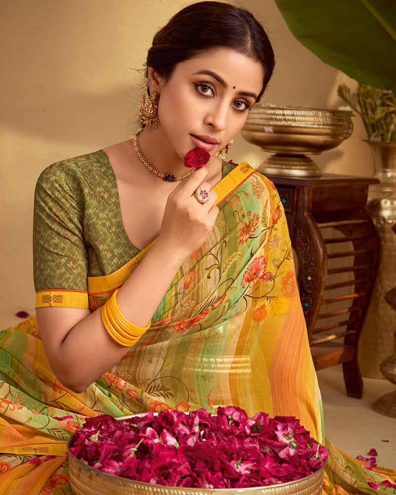 Vishal Prints Olivine Green And Ochre Digital Print Georgette Saree With Fancy Embroidery Border