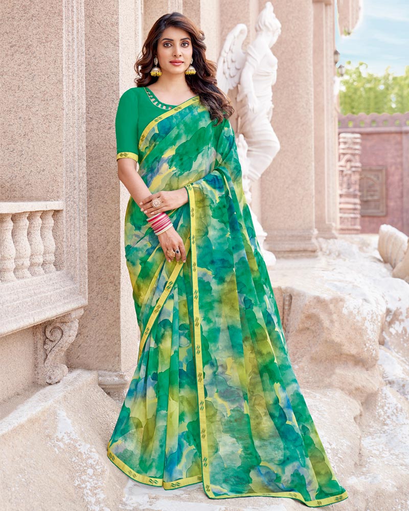 Vishal Prints Tropical Green Digital Print Georgette Saree With Fancy Border