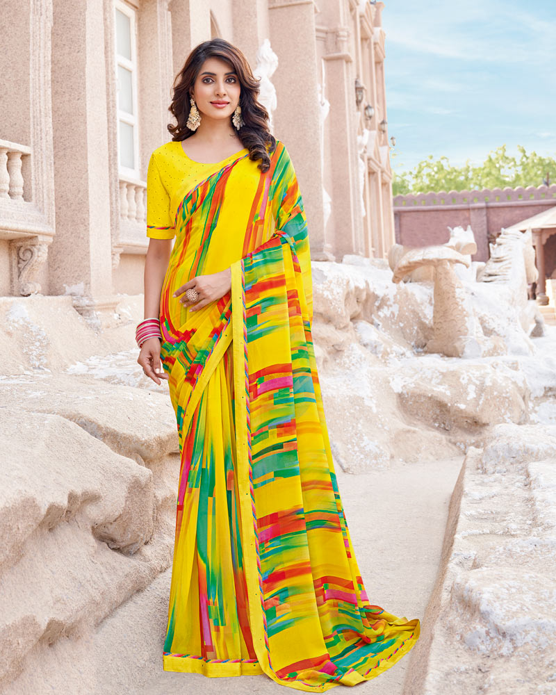Vishal Prints Bright Yellow Digital Print Georgette Saree With Fancy Border