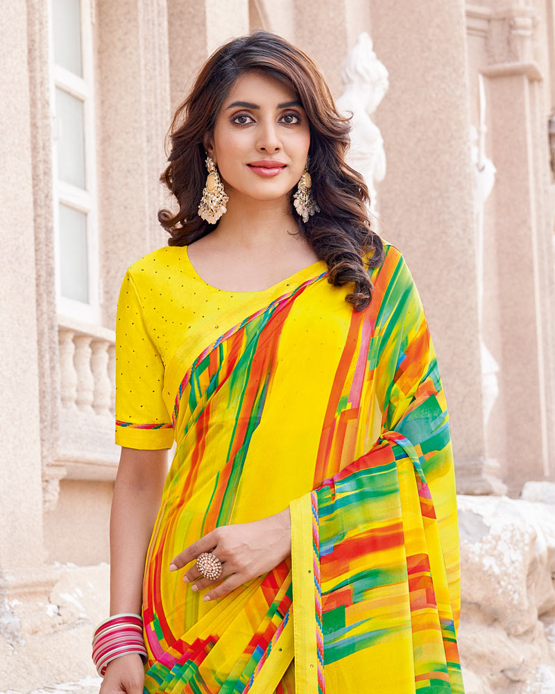 Vishal Prints Bright Yellow Digital Print Georgette Saree With Fancy Border