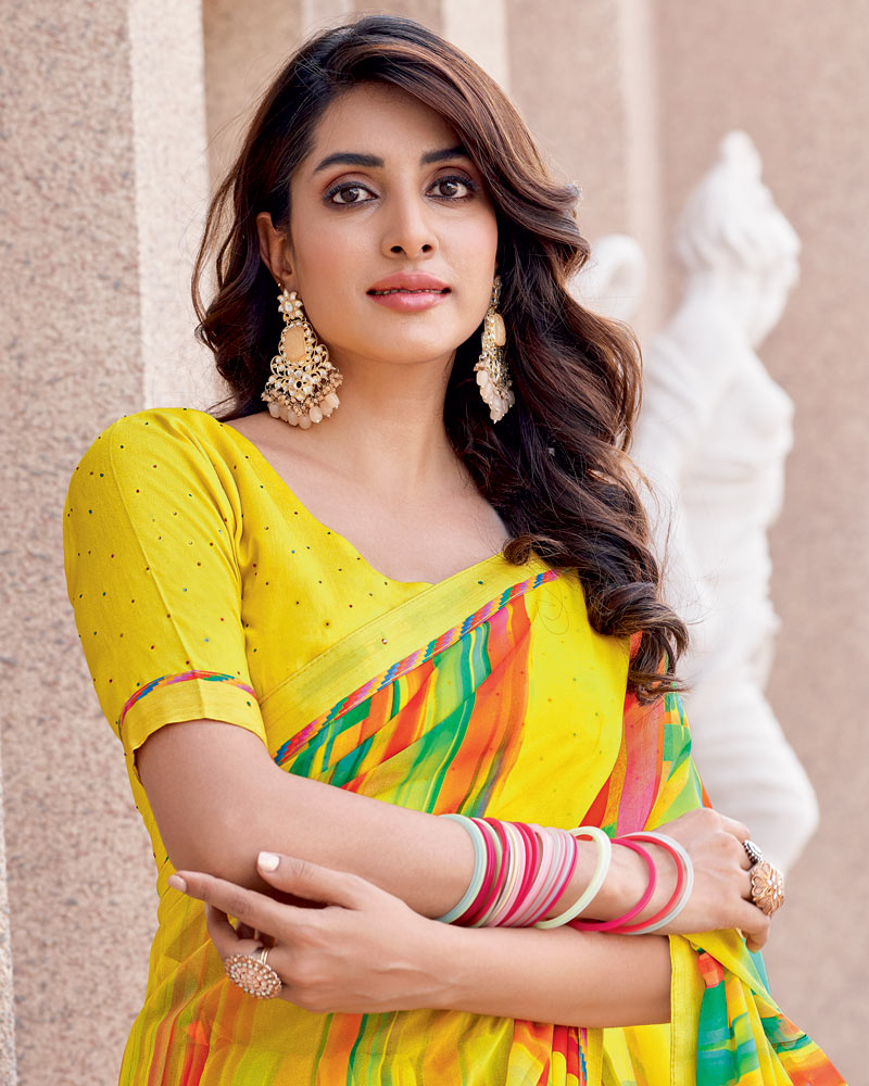 Vishal Prints Bright Yellow Digital Print Georgette Saree With Fancy Border