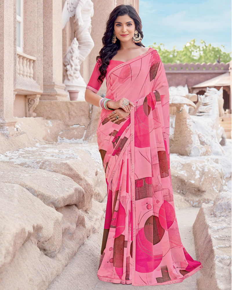 Vishal Prints Daisy Pink Digital Print Georgette Saree With Fancy Border