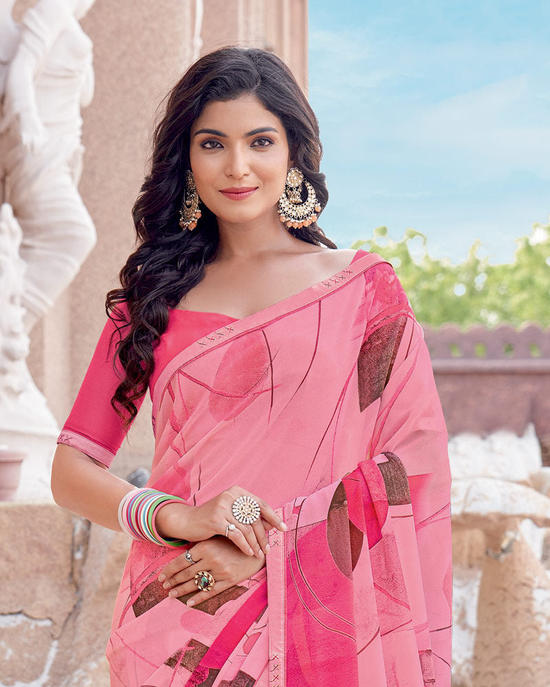 Vishal Prints Daisy Pink Digital Print Georgette Saree With Fancy Border