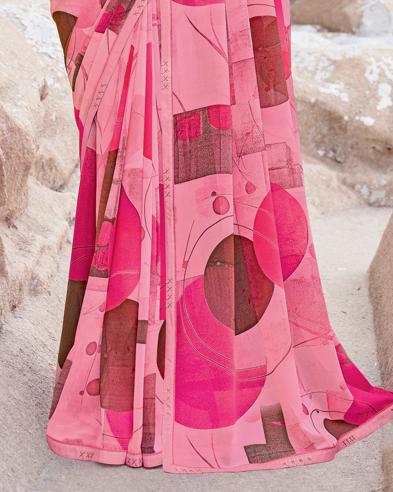 Vishal Prints Daisy Pink Digital Print Georgette Saree With Fancy Border