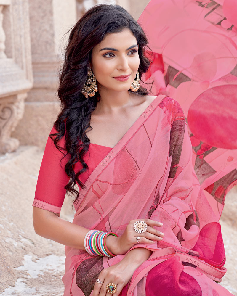 Vishal Prints Daisy Pink Digital Print Georgette Saree With Fancy Border