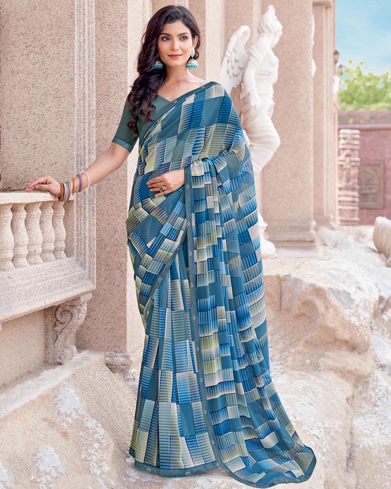 Vishal Prints Dusky Blue Digital Print Georgette Saree With Fancy Border
