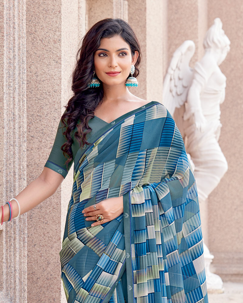Vishal Prints Dusky Blue Digital Print Georgette Saree With Fancy Border