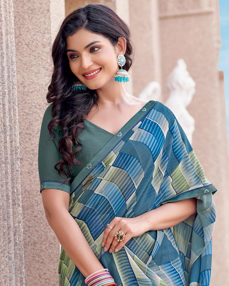 Vishal Prints Dusky Blue Digital Print Georgette Saree With Fancy Border