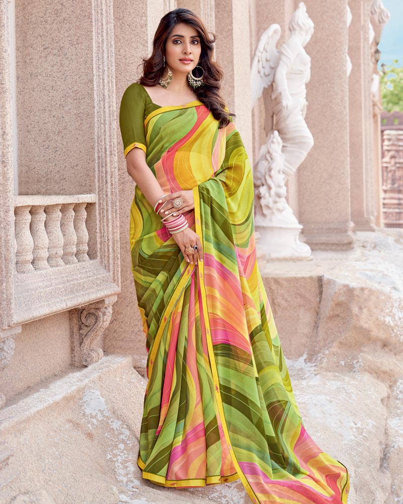 Vishal Prints Dull Yellow Digital Print Georgette Saree With Fancy Border