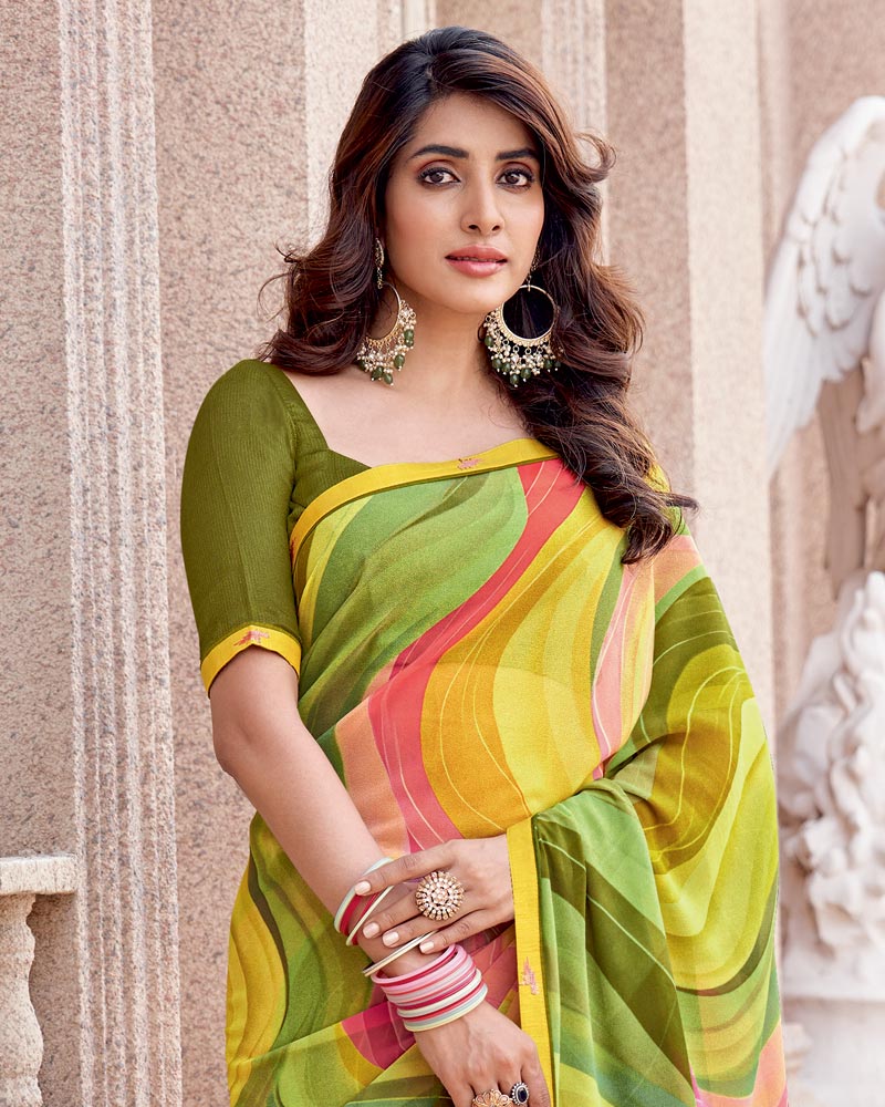 Vishal Prints Dull Yellow Digital Print Georgette Saree With Fancy Border