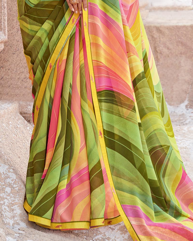 Vishal Prints Dull Yellow Digital Print Georgette Saree With Fancy Border