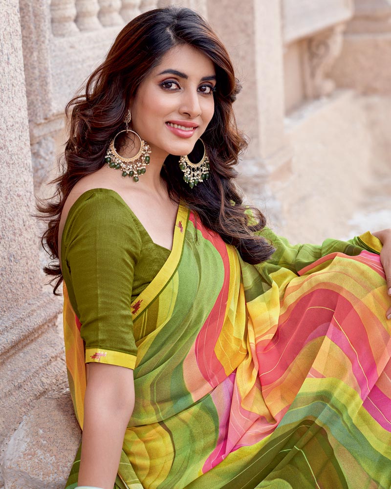 Vishal Prints Dull Yellow Digital Print Georgette Saree With Fancy Border