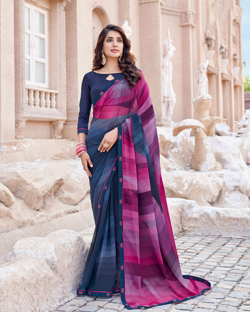 Vishal Prints Royal Fuchsia Digital Print Georgette Saree With Fancy Border