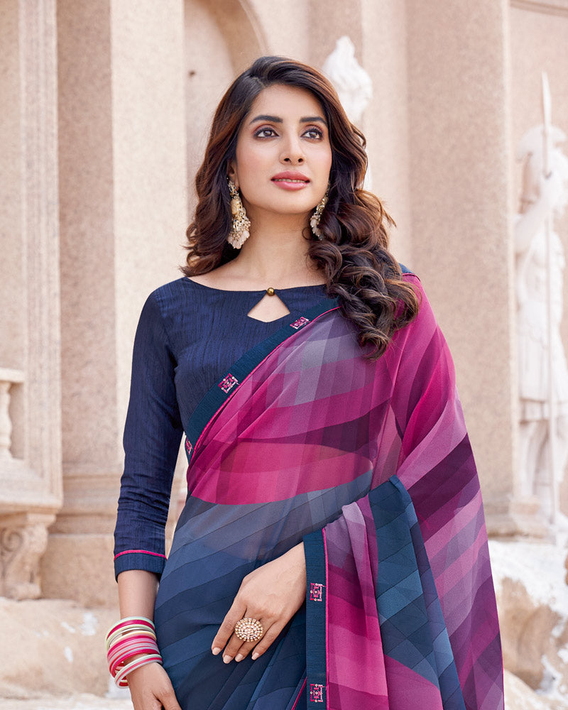 Vishal Prints Royal Fuchsia Digital Print Georgette Saree With Fancy Border