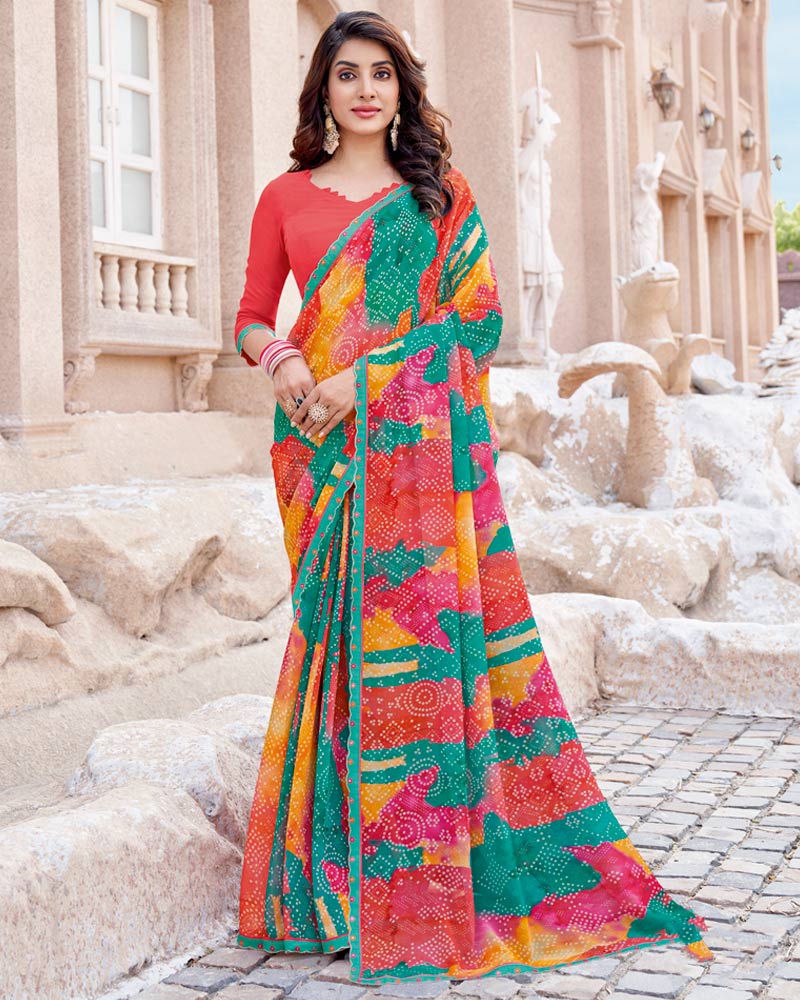 Vishal Prints Multicolor Bandhani Print Georgette Saree With Fancy Border