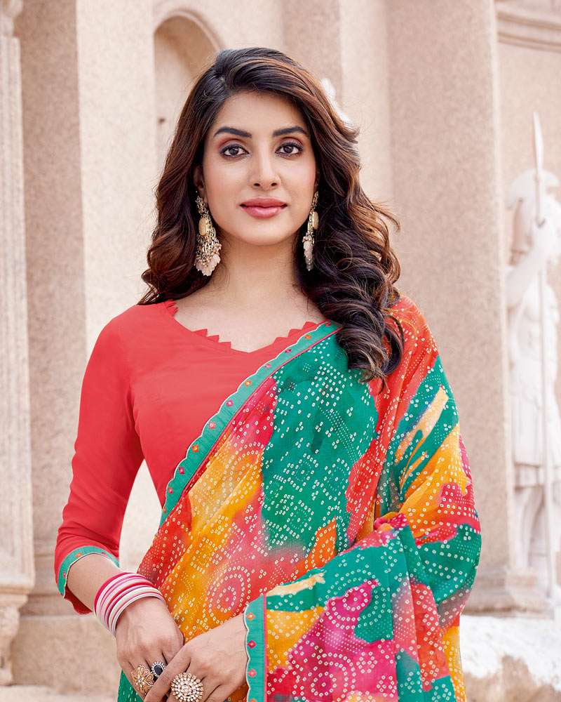 Vishal Prints Multicolor Bandhani Print Georgette Saree With Fancy Border