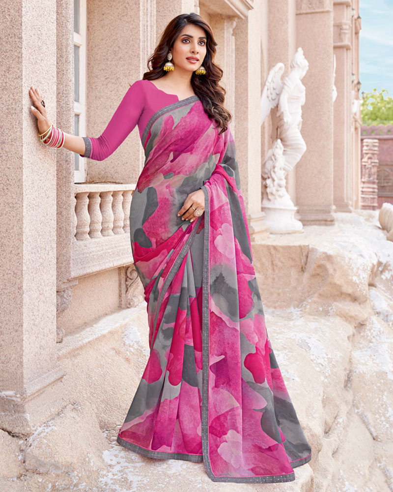 Vishal Prints Light Magenta Digital Print Georgette Saree With Fancy Border